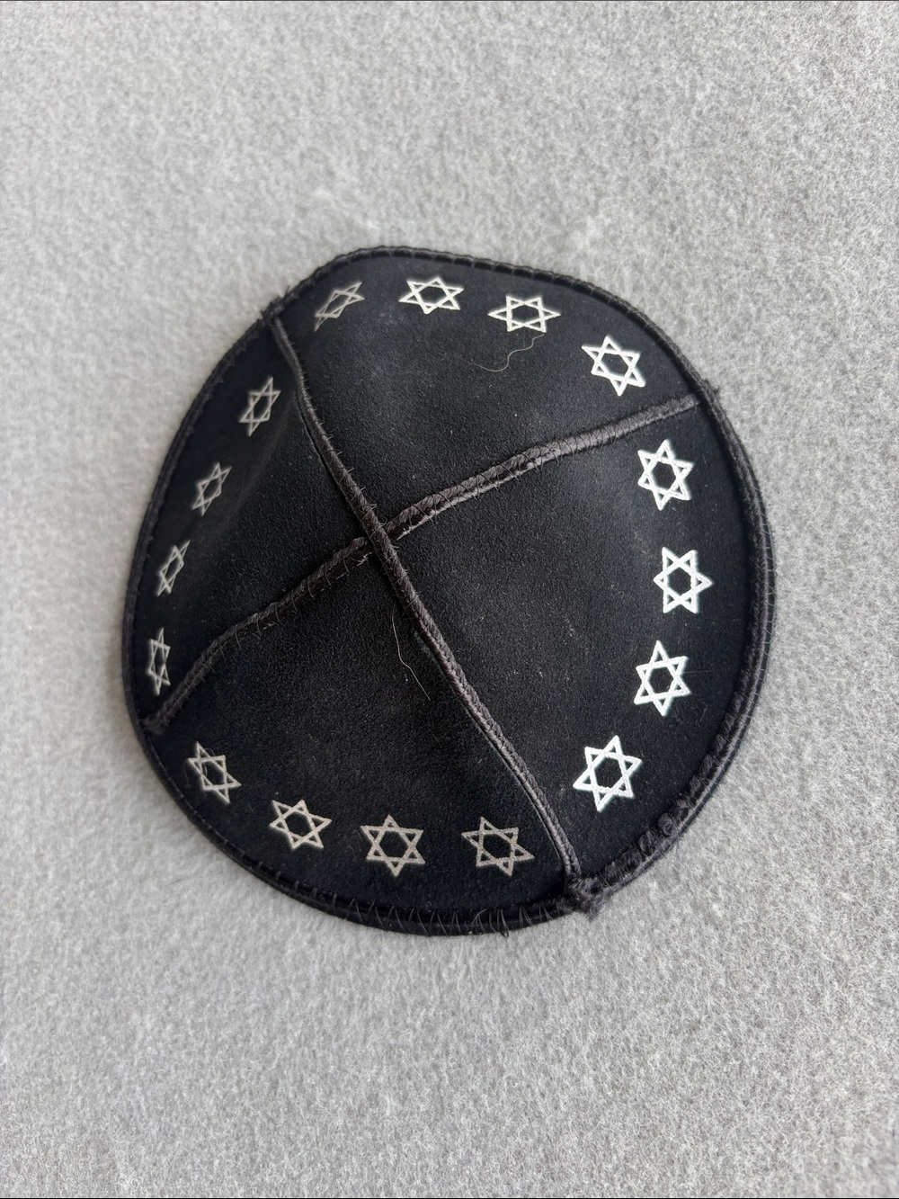 Black Star-Embroidered Leather Kippah / Yarmulke